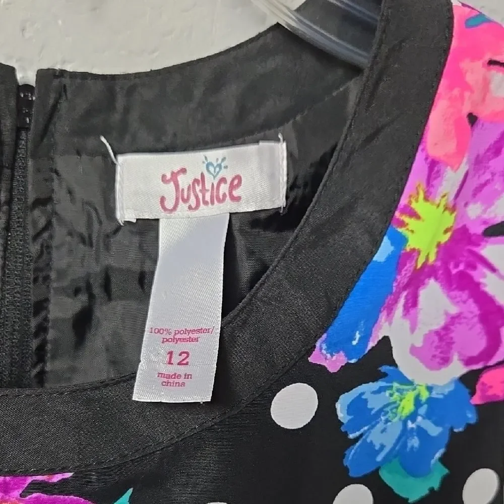Justice Girls Floral Polka Dot Dress 12 Black Twirl Party Sundress Trendy Tween